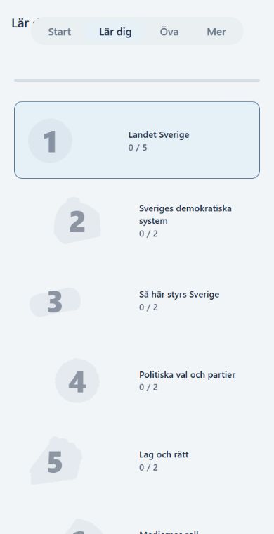 Passas Lär dig-vy med ämnen, lektionsframsteg och huvudflikar